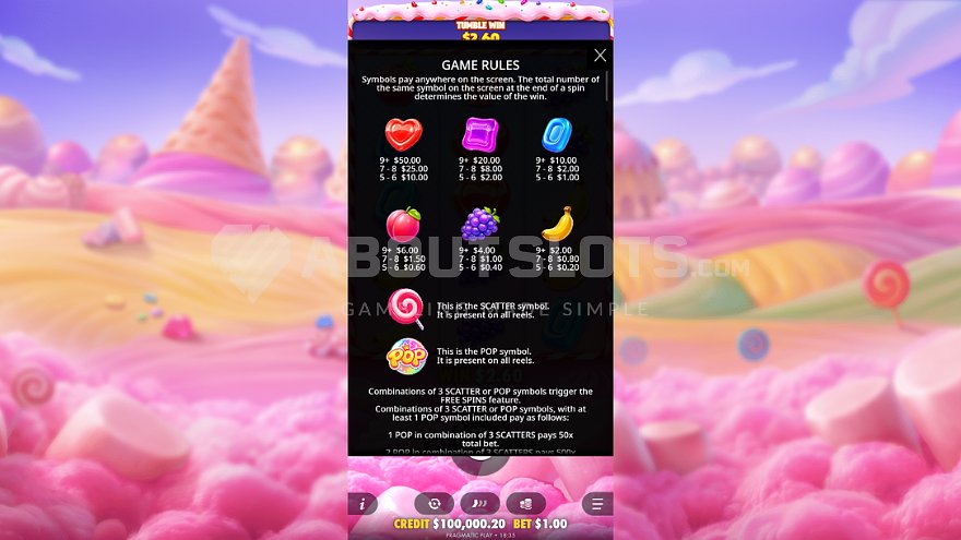 Sweet Bonanza Pop reglas y tabla de pagos del símbolo POP